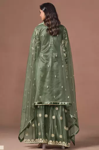 Olive Green Embroidered Designer Semi Stitched Sharara Suit