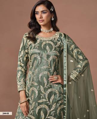 Olive Green Embroidered Designer Semi Stitched Sharara Suit 3