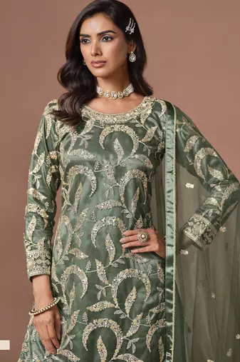 Olive Green Embroidered Designer Semi Stitched Sharara Suit