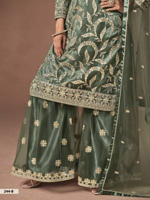 Olive Green Embroidered Designer Semi Stitched Sharara Suit 4