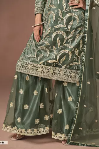 Olive Green Embroidered Designer Semi Stitched Sharara Suit