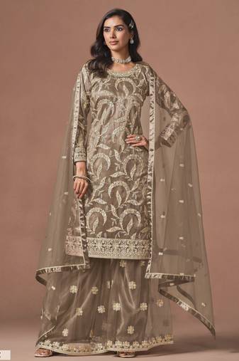 Light Taupe Grey Embroidered Designer Semi Stiched Sharara Suit