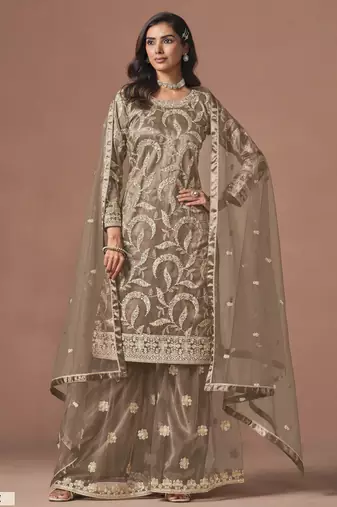 Light Taupe Grey Embroidered Designer Semi Stiched Sharara Suit
