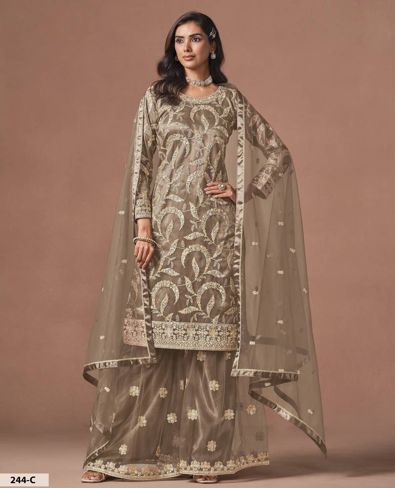 Light Taupe Grey Embroidered Designer Semi Stiched Sharara Suit