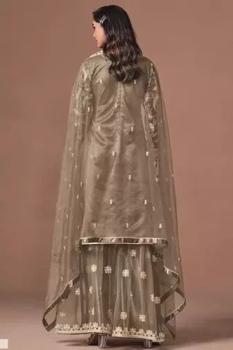 Light Taupe Grey Embroidered Designer Semi Stiched Sharara Suit