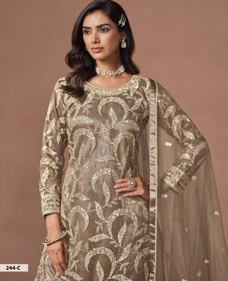 Light Taupe Grey Embroidered Designer Semi Stiched Sharara Suit 3