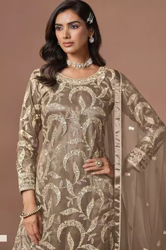 Light Taupe Grey Embroidered Designer Semi Stiched Sharara Suit