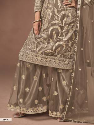 Light Taupe Grey Embroidered Designer Semi Stiched Sharara Suit 4