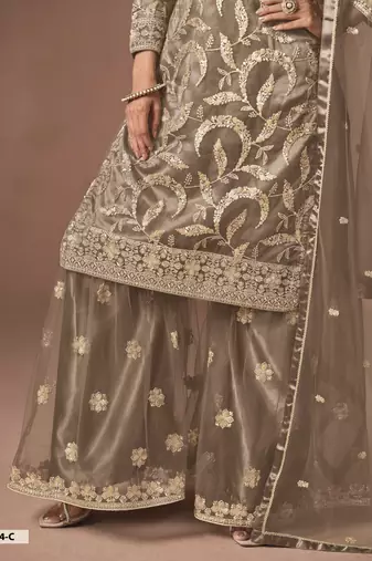 Light Taupe Grey Embroidered Designer Semi Stiched Sharara Suit