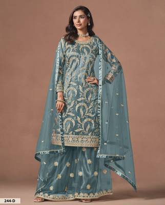 Dusty Teal Blue Embroidered Designer Sharara Suit 1