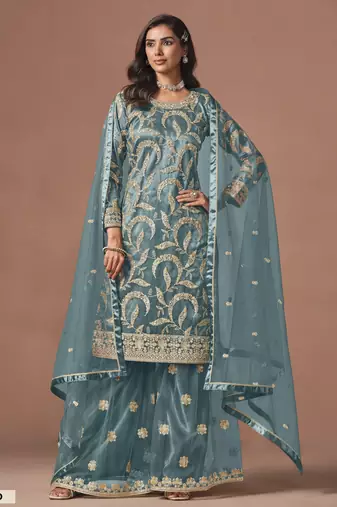 Dusty Teal Blue Embroidered Designer Sharara Suit
