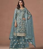 Dusty Teal Blue Embroidered Designer Sharara Suit