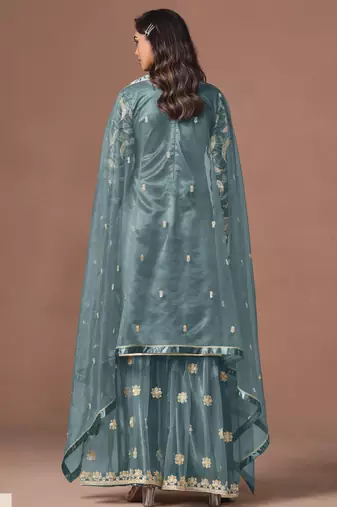 Dusty Teal Blue Embroidered Designer Sharara Suit