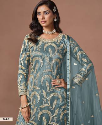 Dusty Teal Blue Embroidered Designer Sharara Suit 3