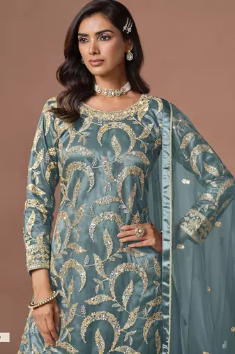 Dusty Teal Blue Embroidered Designer Sharara Suit