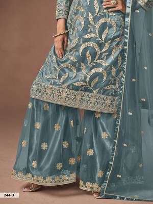 Dusty Teal Blue Embroidered Designer Sharara Suit 4