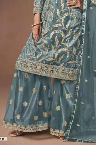 Dusty Teal Blue Embroidered Designer Sharara Suit