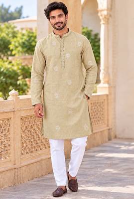 Elegant beige linen embroidered kurta pyjama set with sequin 1