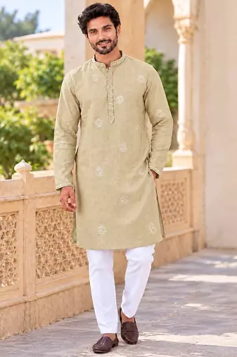Elegant beige linen embroidered kurta pyjama set with sequin