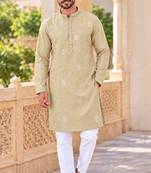 Elegant beige linen embroidered kurta pyjama set with sequin