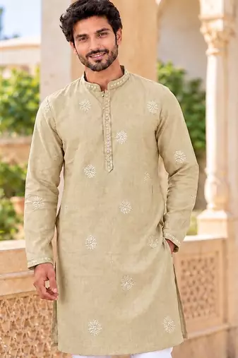 Elegant beige linen embroidered kurta pyjama set with sequin