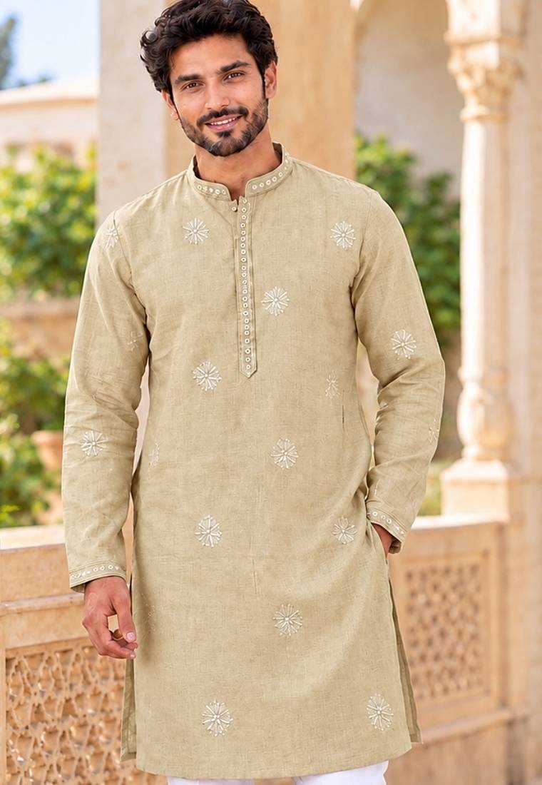 Elegant beige linen embroidered kurta pyjama set with sequin