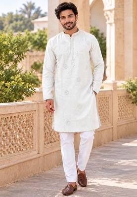 Classic cream linen kurta pyjama set with delicate embroidery 1