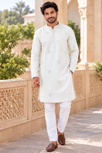 Classic cream linen kurta pyjama set with delicate embroidery