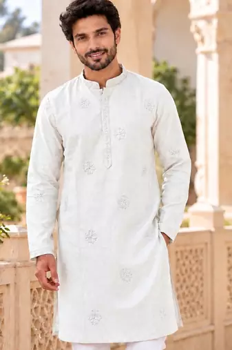 Classic cream linen kurta pyjama set with delicate embroidery