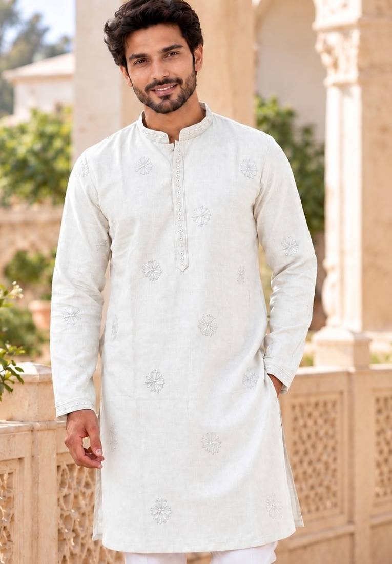 Classic cream linen kurta pyjama set with delicate embroidery