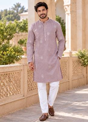 Graceful dusty pink linen kurta pyjama set with elegant embroidery 1