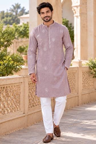 Graceful dusty pink linen kurta pyjama set with elegant embroidery