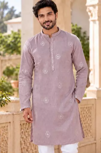 Graceful dusty pink linen kurta pyjama set with elegant embroidery