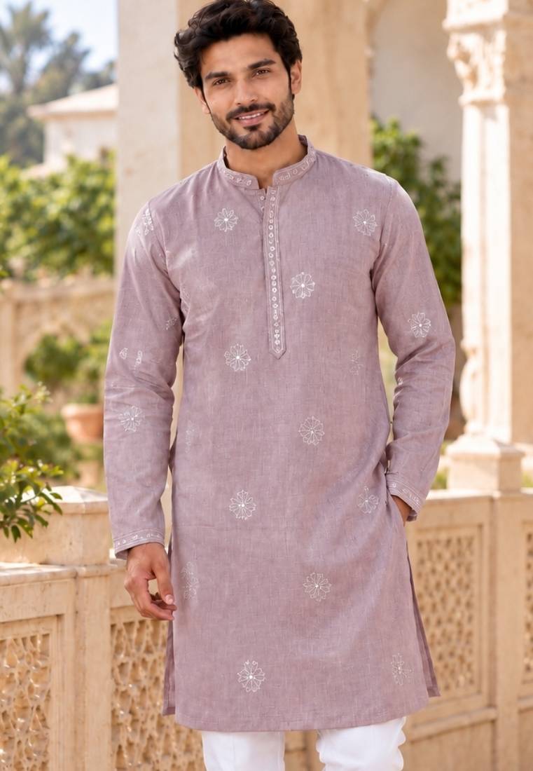 Graceful dusty pink linen kurta pyjama set with elegant embroidery