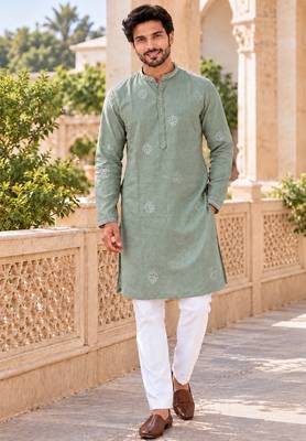 Refreshing mint linen embroidered kurta pyjama set with sequin accents 1