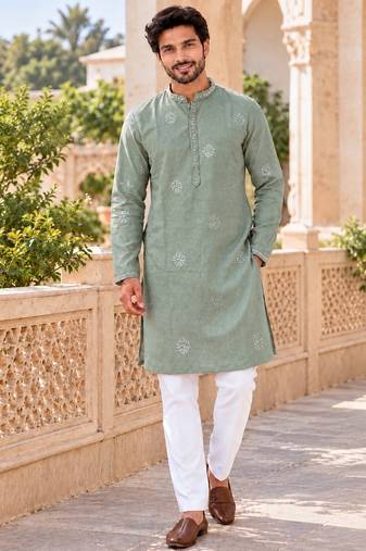 Refreshing mint linen embroidered kurta pyjama set with sequin accents