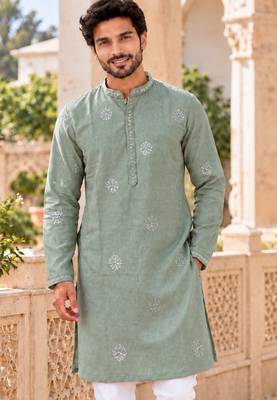 Refreshing mint linen embroidered kurta pyjama set with sequin accents 2