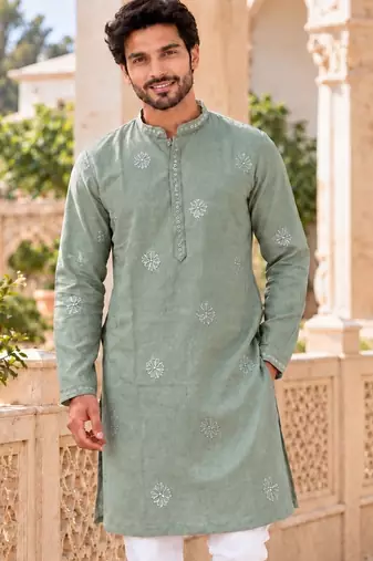 Refreshing mint linen embroidered kurta pyjama set with sequin accents