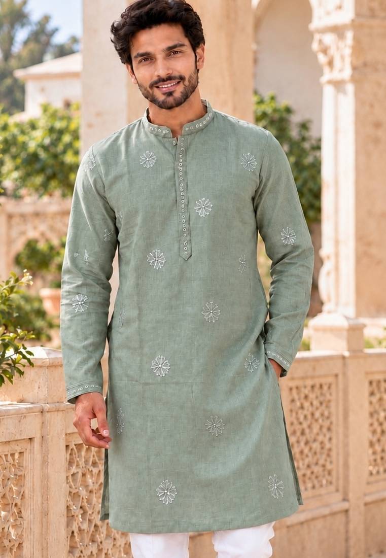 Refreshing mint linen embroidered kurta pyjama set with sequin accents