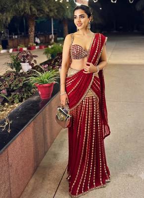 Red Ready to Wear Lehenga Saree with Sequins Embroidery  Unstich Blouse 1