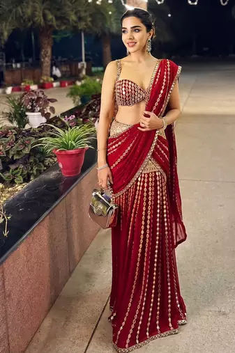 Red Ready to Wear Lehenga Saree with Sequins Embroidery  Unstich Blouse