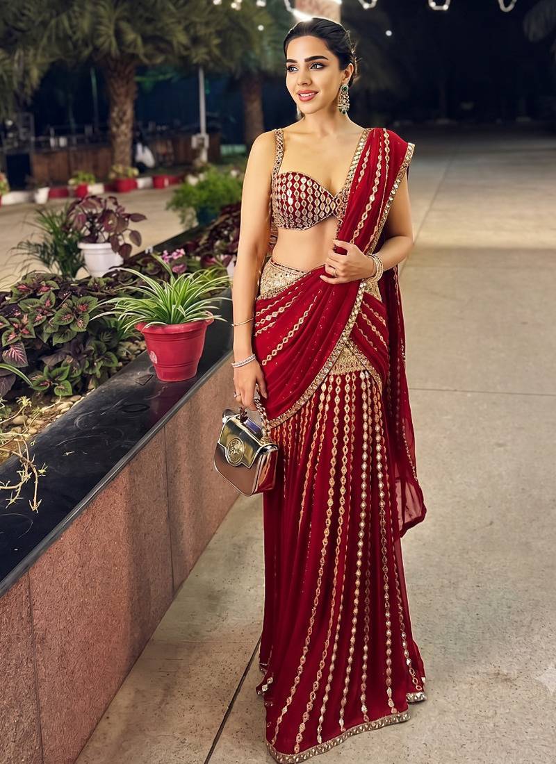 Red Ready to Wear Lehenga Saree with Sequins Embroidery  Unstich Blouse