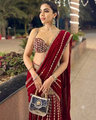 Red Ready to Wear Lehenga Saree with Sequins Embroidery  Unstich Blouse 2