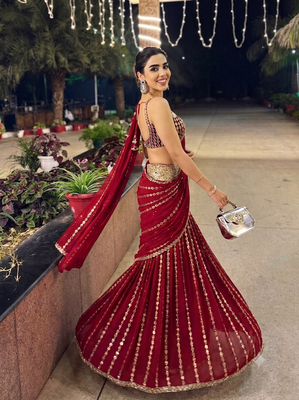 Red Ready to Wear Lehenga Saree with Sequins Embroidery  Unstich Blouse 3