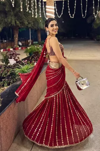 Red Ready to Wear Lehenga Saree with Sequins Embroidery  Unstich Blouse