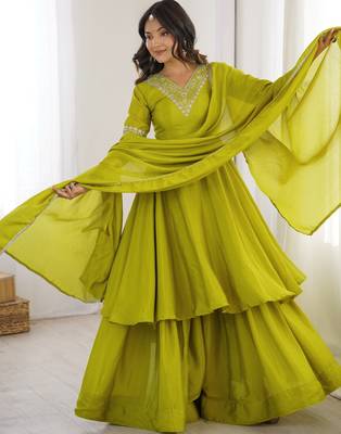 Stunning Olive Green Embroidered Chinon Mehendi Wear Palazzo Suit 1