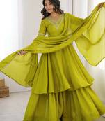 Stunning Olive Green Embroidered Chinon Mehendi Wear Palazzo Suit