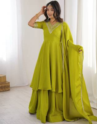 Stunning Olive Green Embroidered Chinon Mehendi Wear Palazzo Suit 2