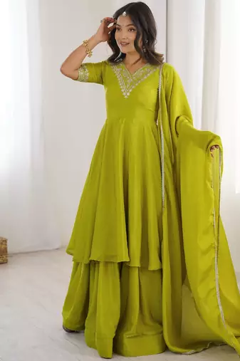 Stunning Olive Green Embroidered Chinon Mehendi Wear Palazzo Suit