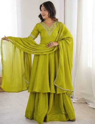 Stunning Olive Green Embroidered Chinon Mehendi Wear Palazzo Suit 3